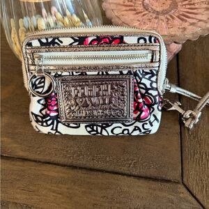 Coach White Graffiti Wristlet with Black & Pink Accents